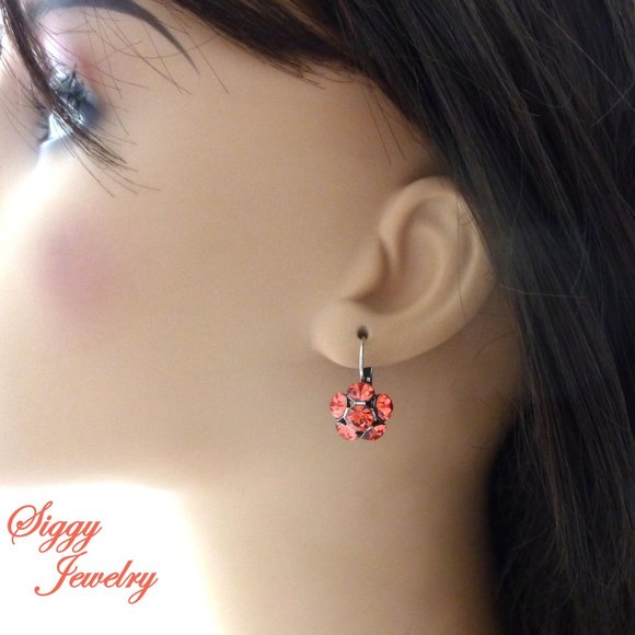 Padparadscha Flower Cluster Drop Earrings Made with Genuine Austrian Crystals - Picture 6 of 6